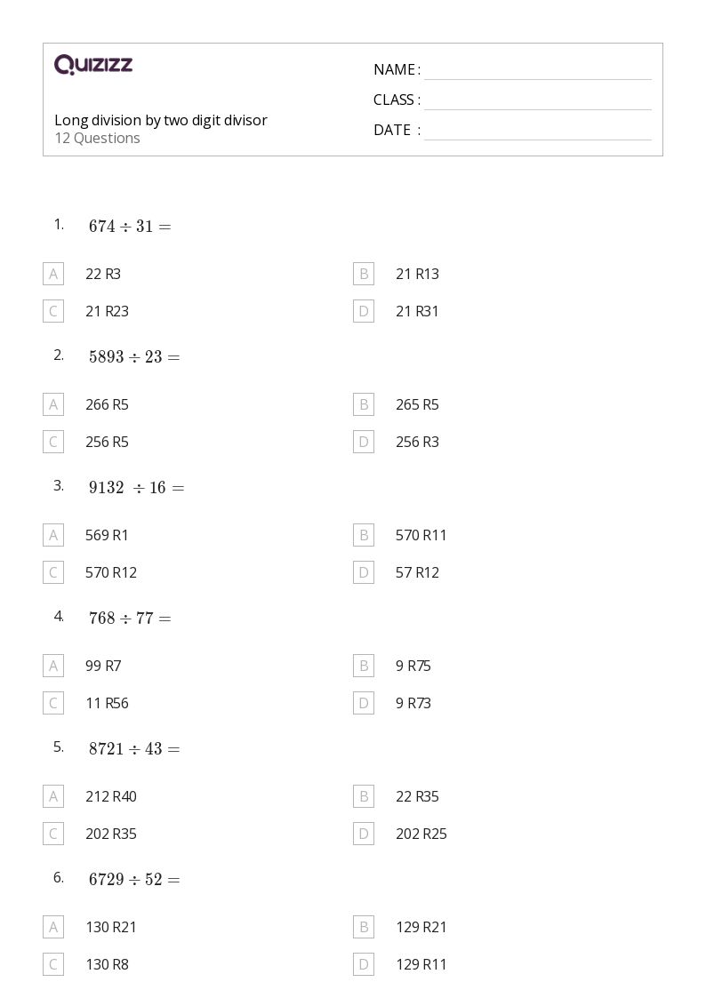 50+ Division with Two-Digit Divisors worksheets for 5th Grade on