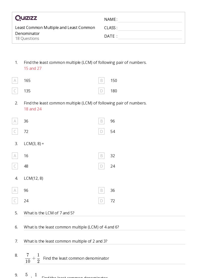 50+ Least Common Multiple worksheets for 7th Class on Quizizz Free & Printable
