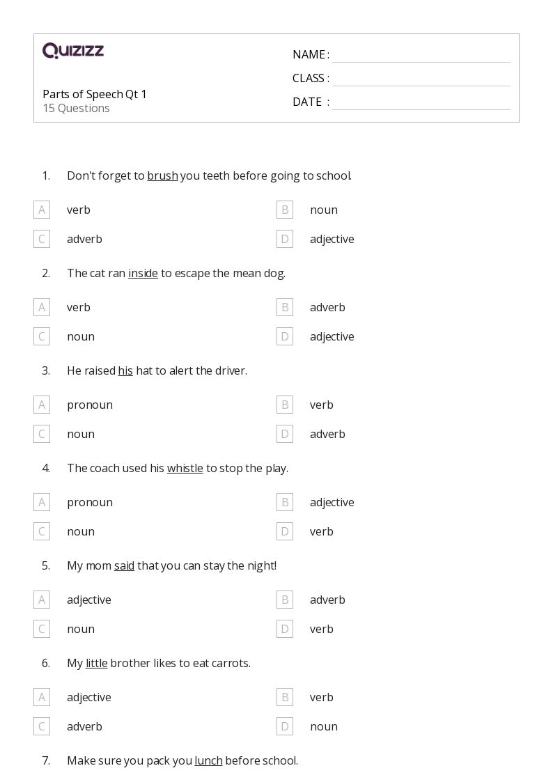 50+ Parts of Speech worksheets on Quizizz Free & Printable