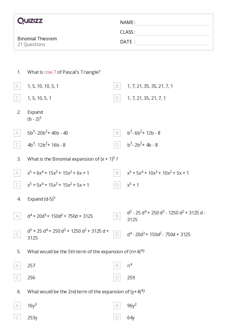 50+ binomial theorem worksheets on Quizizz Free & Printable
