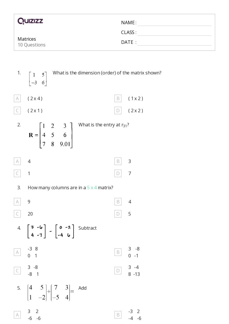 50+ matrices worksheets for 9th Class on Quizizz Free & Printable