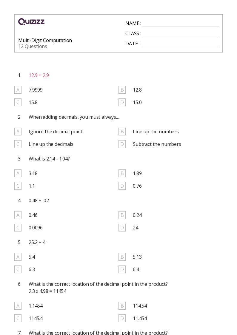 50+ MultiDigit Addition worksheets for 6th Grade on Quizizz Free