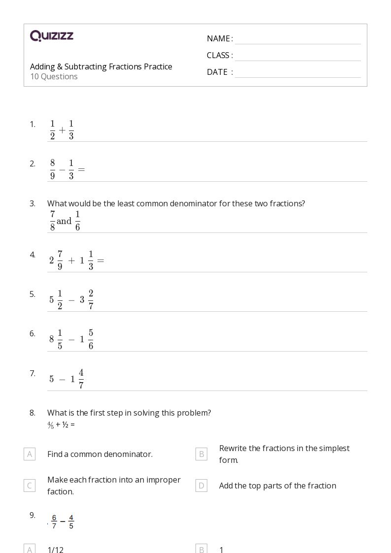 50+ Subtracting Fractions worksheets for 6th Grade on Quizizz Free & Printable