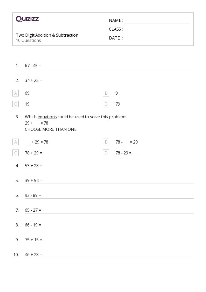 50+ TwoDigit Addition worksheets for 2nd Grade on Quizizz Free & Printable