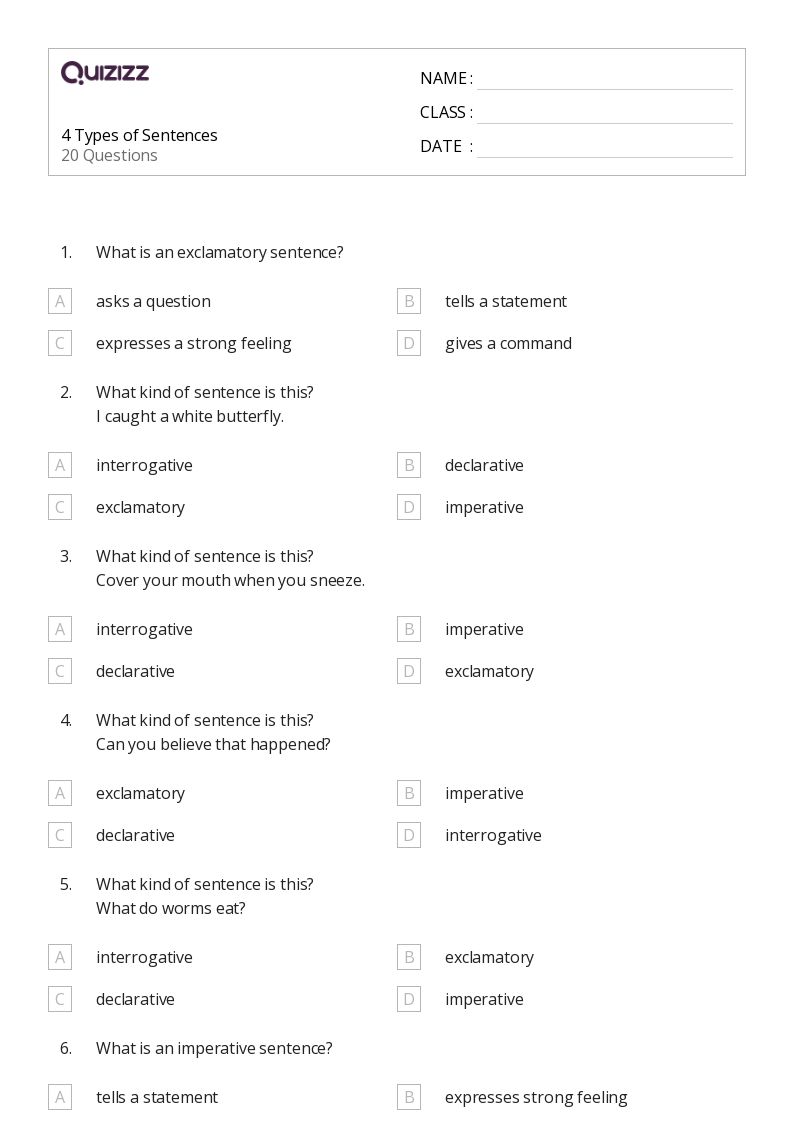 50+ Types of Sentences worksheets for 4th Class on Quizizz | Free