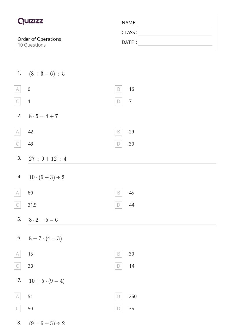 50+ Order of Operations worksheets for 7th Grade on Quizizz Free & Printable