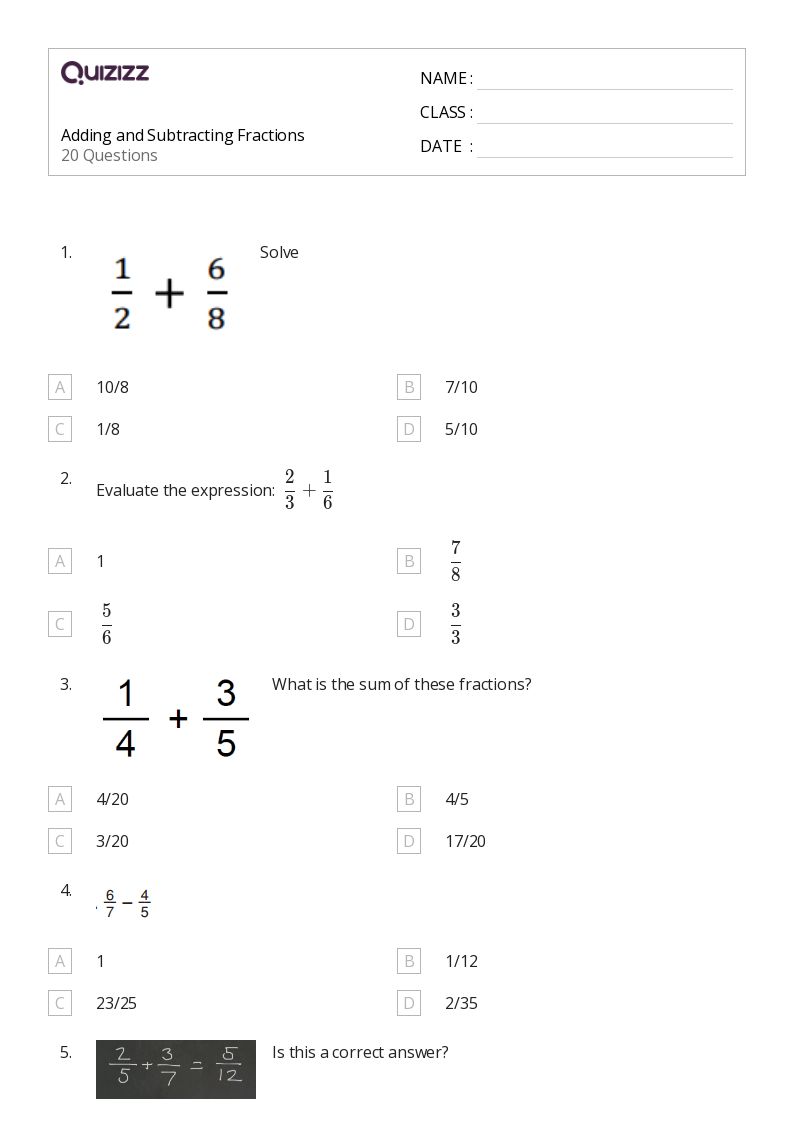 50+ Adding and Subtracting Fractions worksheets for 5th Grade on Quizizz Free & Printable