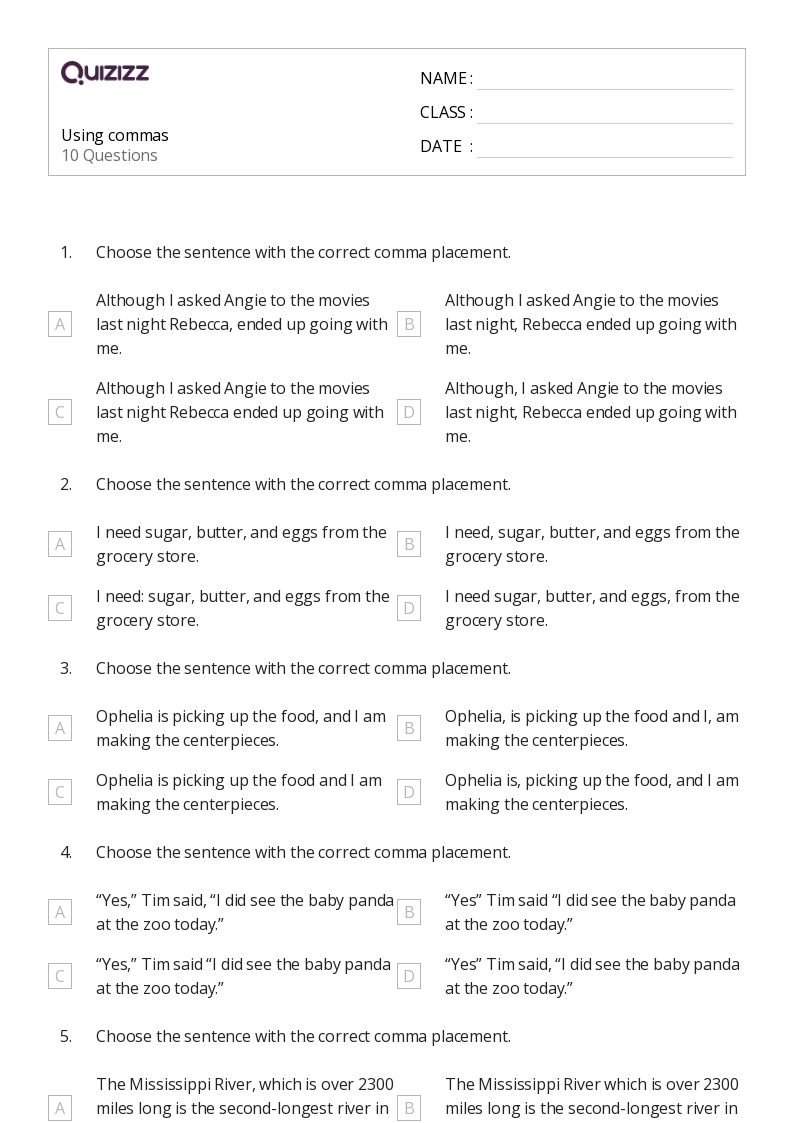 50+ Commas worksheets for 8th Class on Quizizz Free & Printable