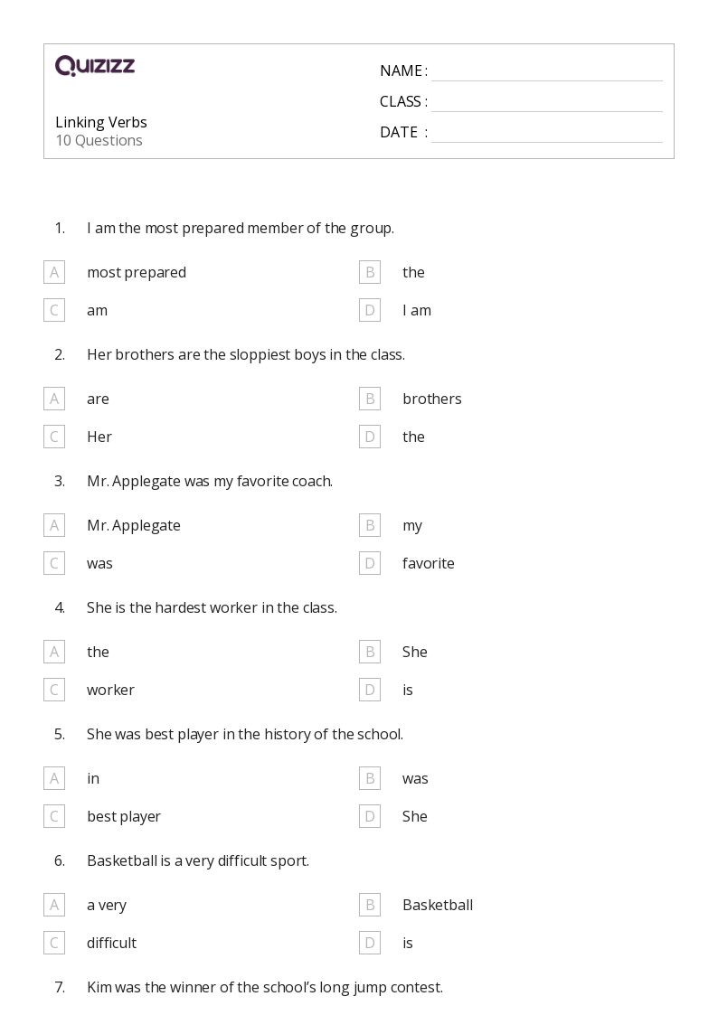 50+ Linking Verbs worksheets for 6th Grade on Quizizz Free & Printable