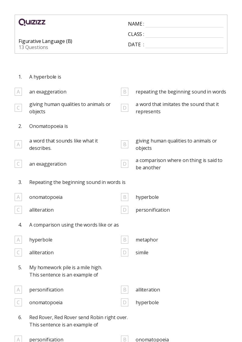 50+ Figurative Language worksheets for Kindergarten on Quizizz Free & Printable