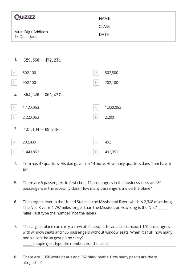 50+ Multi-Digit Addition worksheets for 6th Class on Quizizz | Free