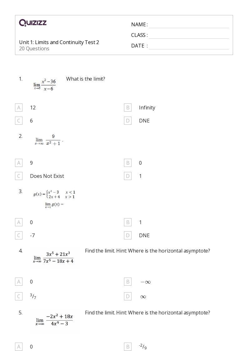 50+ limits and continuity worksheets for 9th Class on Quizizz Free