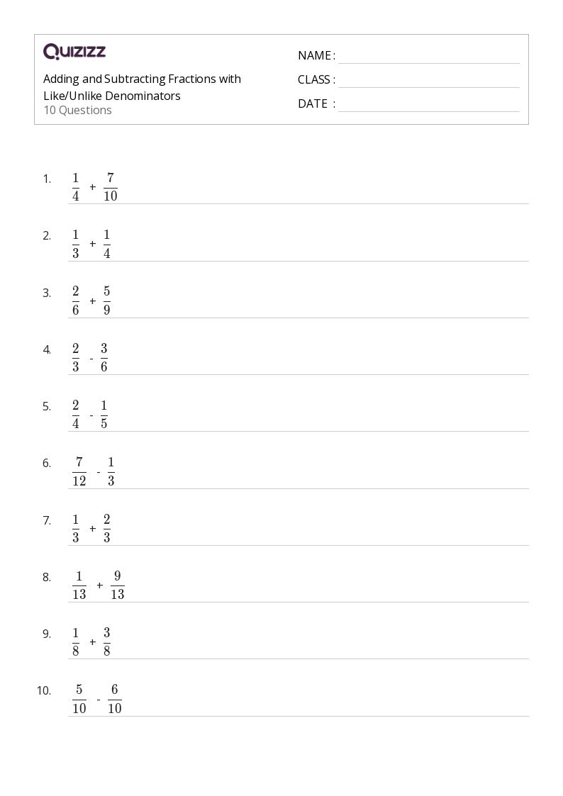 50+ Adding Fractions with Like Denominators worksheets for 6th Grade on Quizizz Free & Printable