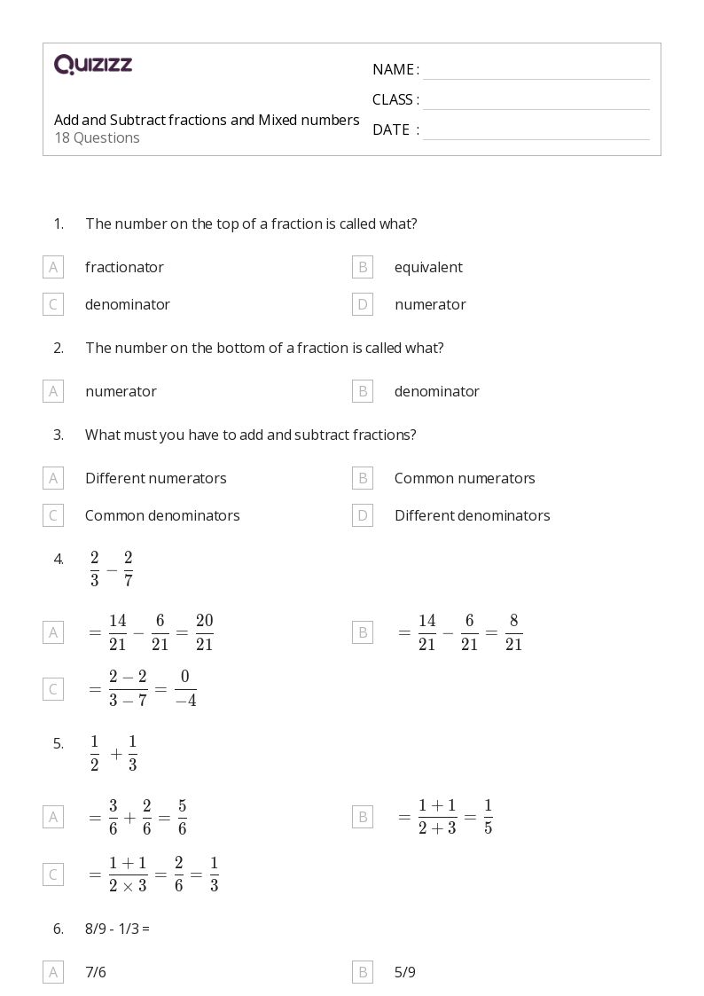 50+ Adding Fractions with Like Denominators worksheets for 5th Grade on Quizizz Free & Printable