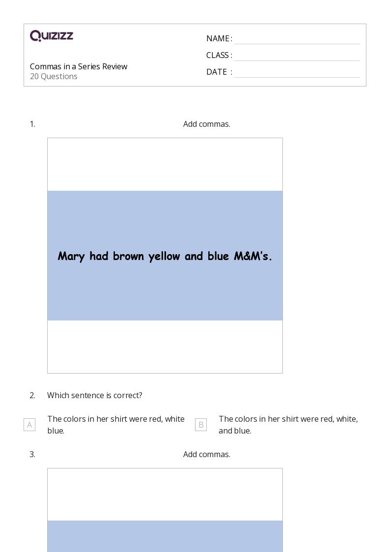 50+ Commas in a Series worksheets for 4th Class on Quizizz Free & Printable