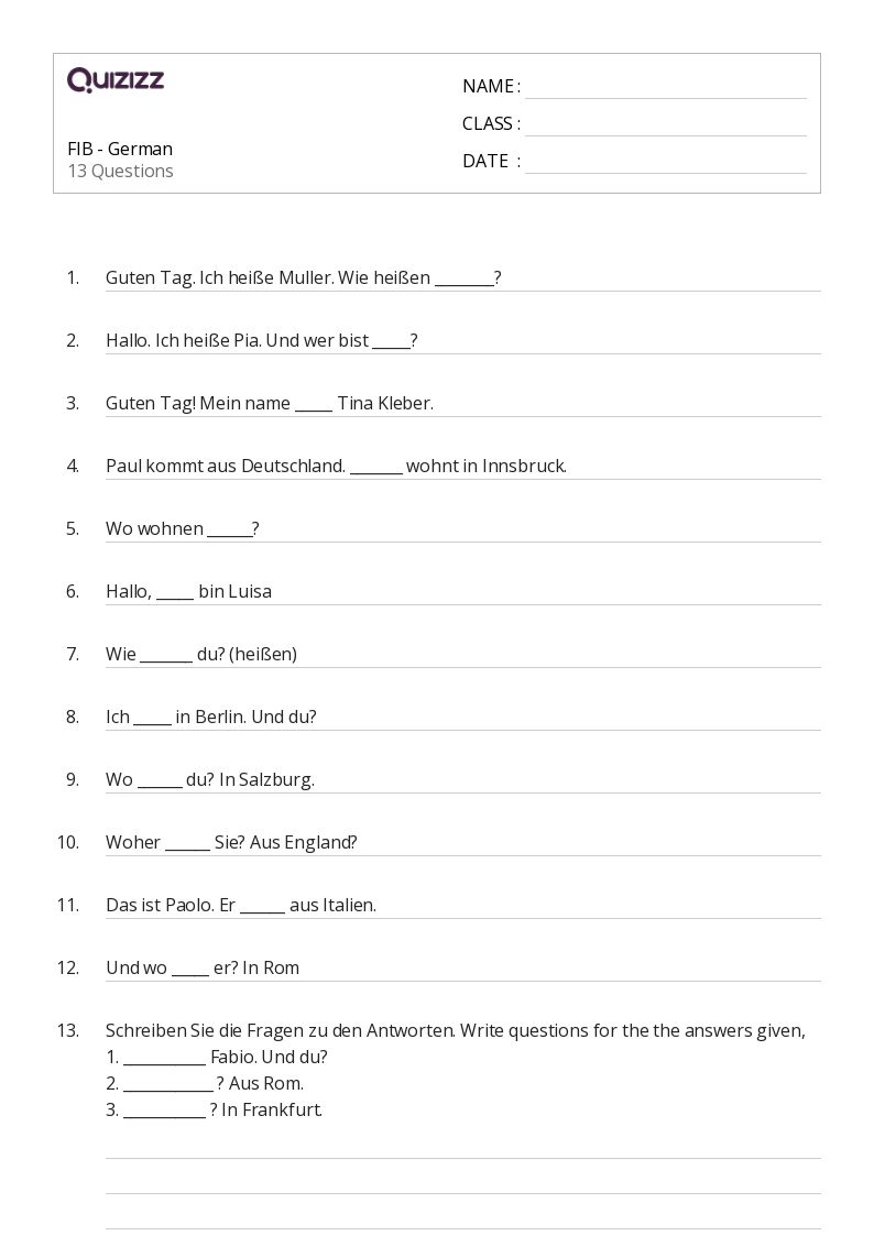 50+ German worksheets for 7th Class on Quizizz Free & Printable