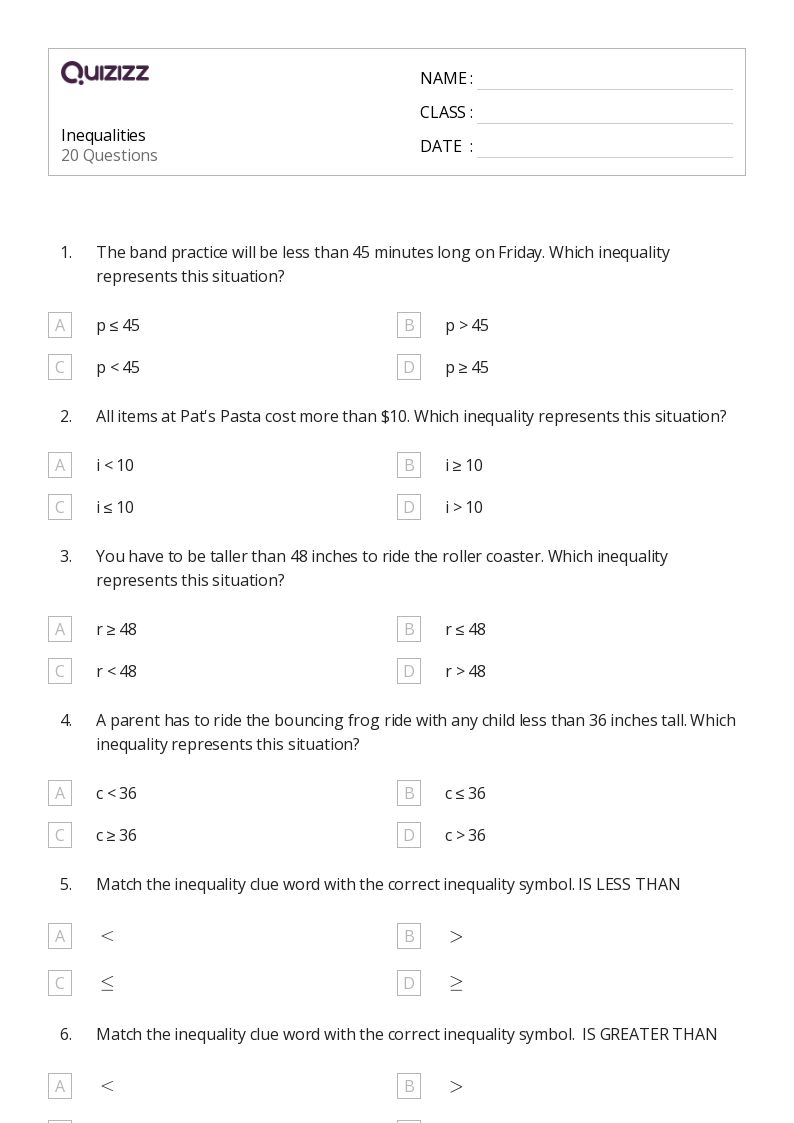 50+ Inequalities worksheets for 6th Grade on Quizizz Free & Printable