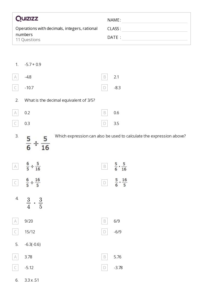 50+ Operations With Rational Numbers worksheets for 5th Class on