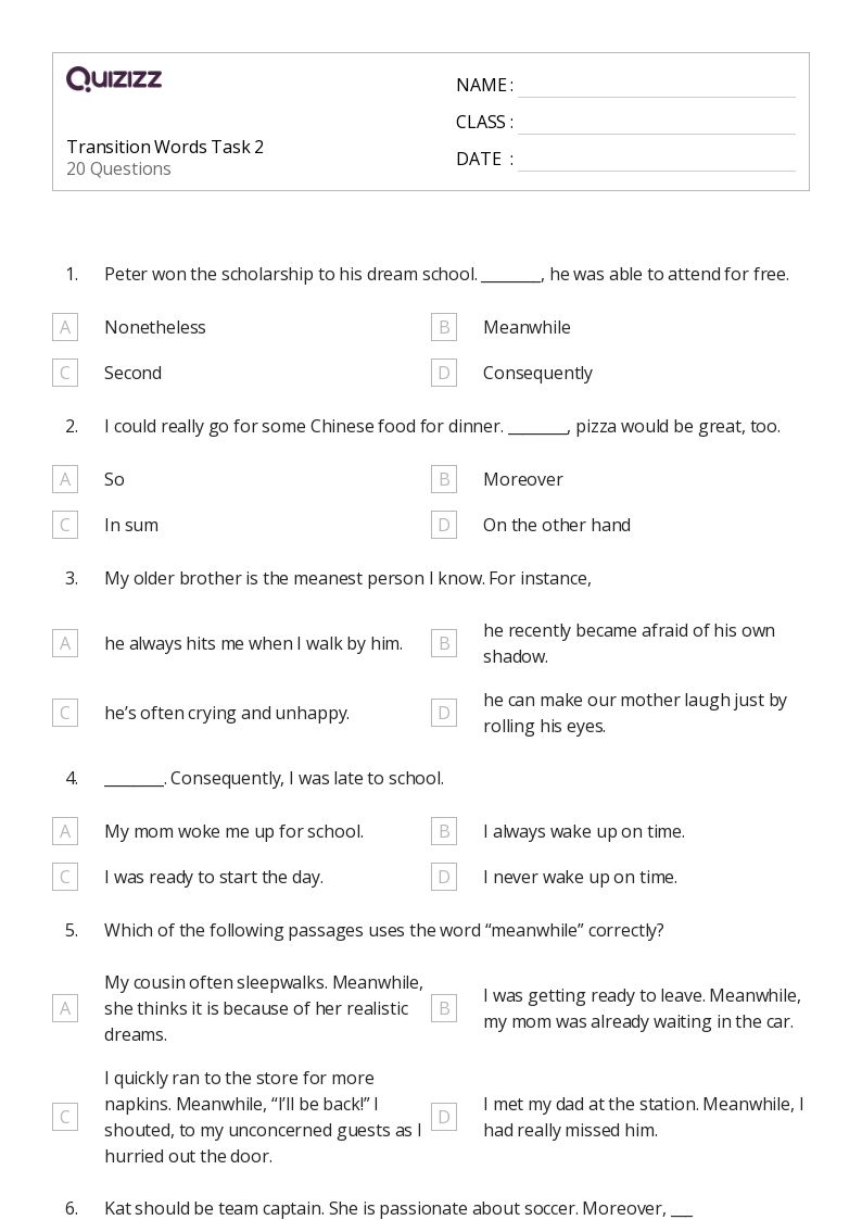 50+ Transition Words worksheets for 8th Grade on Quizizz Free & Printable