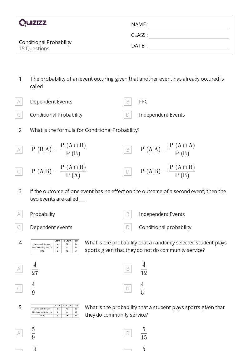 50+ conditional probability worksheets on Quizizz Free & Printable