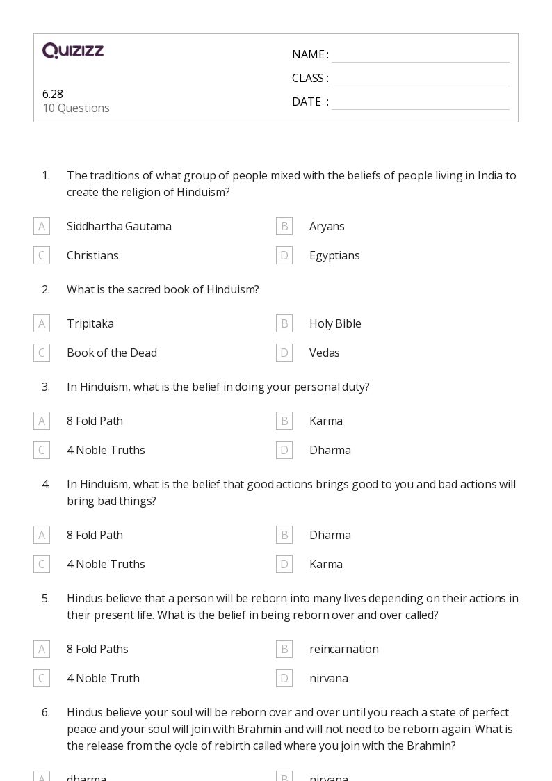 50+ origins of hinduism worksheets for 6th Grade on Quizizz Free & Printable