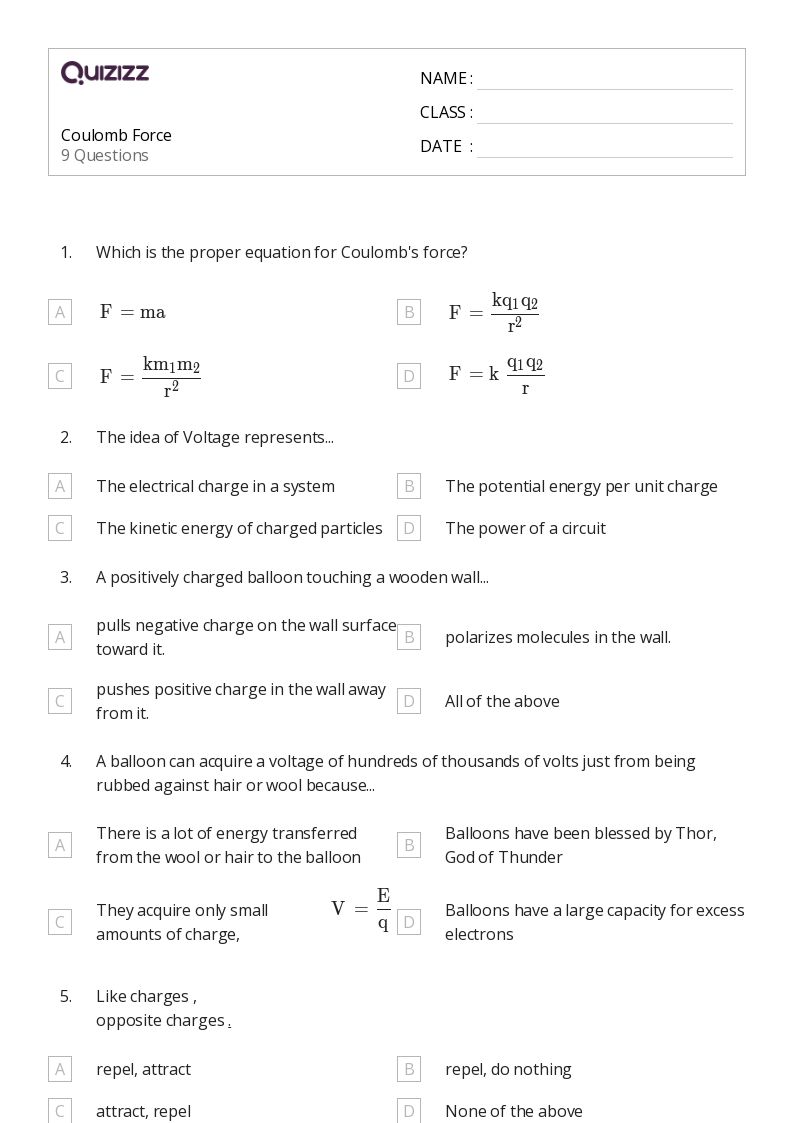 50+ coulombs law and electric force worksheets for 10th Grade on Quizizz Free & Printable