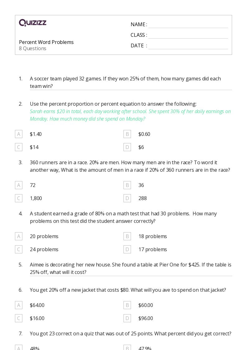 50+ Percent Problems worksheets for 5th Class on Quizizz | Free & Printable