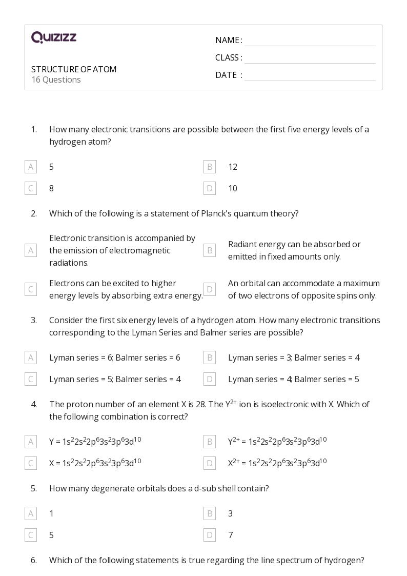 50+ electronic structure of atoms worksheets for 12th Class on Quizizz