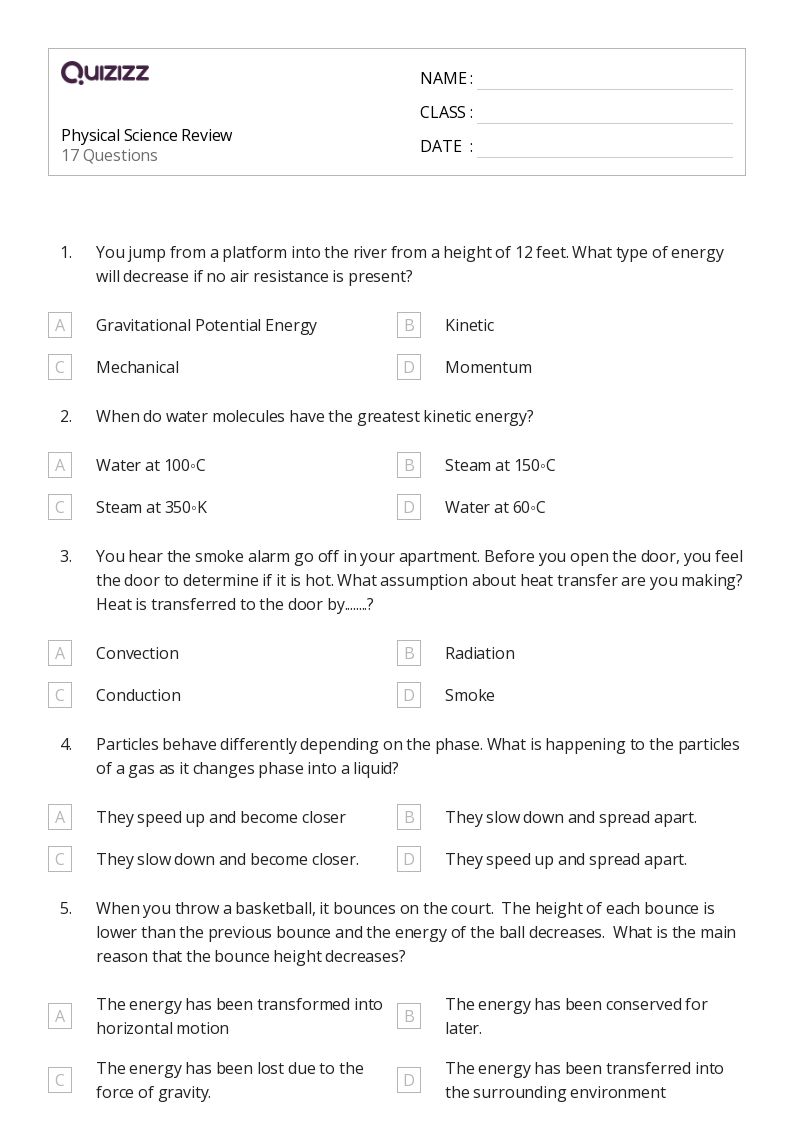 50+ Physical Science worksheets for 9th Class on Quizizz Free & Printable