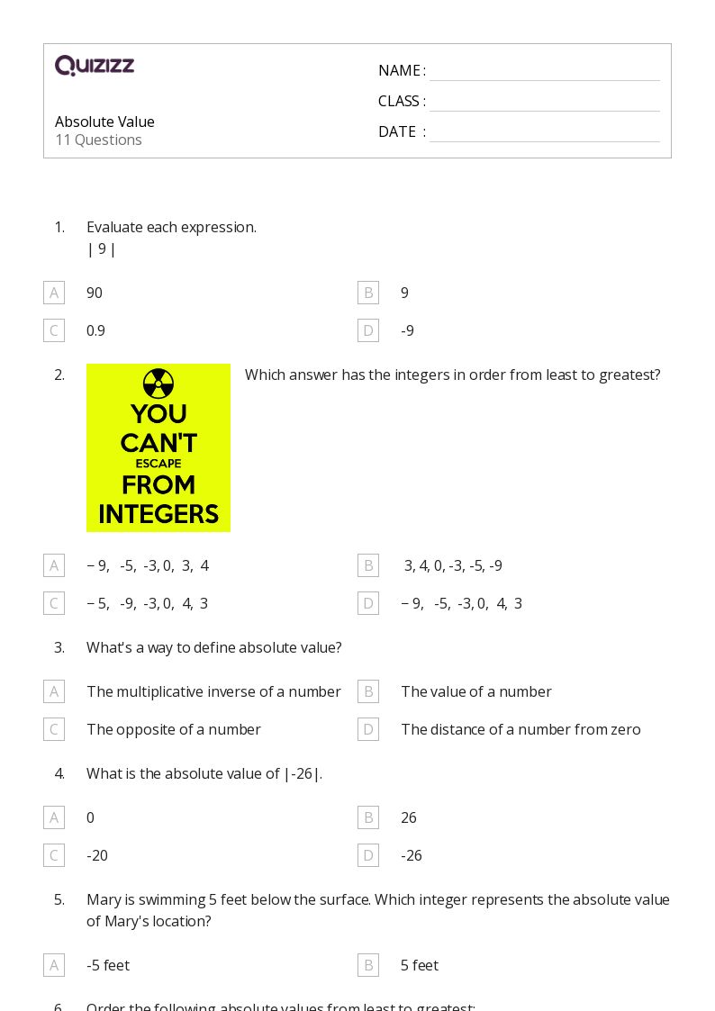 50+ Absolute Value worksheets for 6th Class on Quizizz Free & Printable
