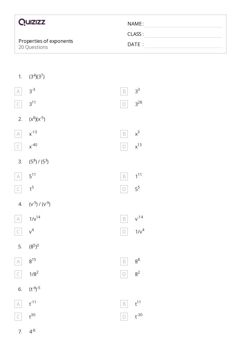 50+ Properties of Exponents worksheets on Quizizz | Free & Printable