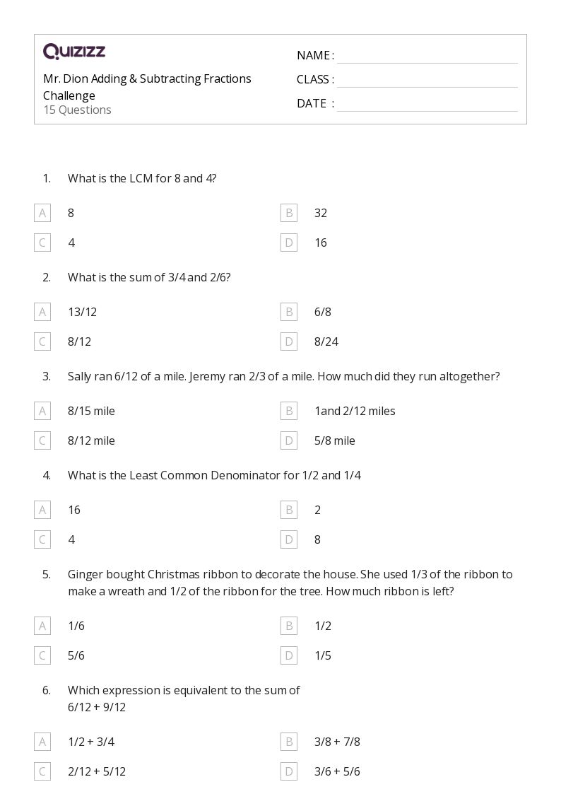 50+ Subtracting Fractions worksheets for 1st Grade on Quizizz Free & Printable