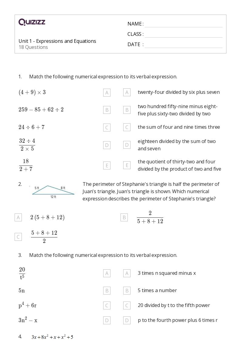 50+ Expressions and Equations worksheets on Quizizz Free & Printable