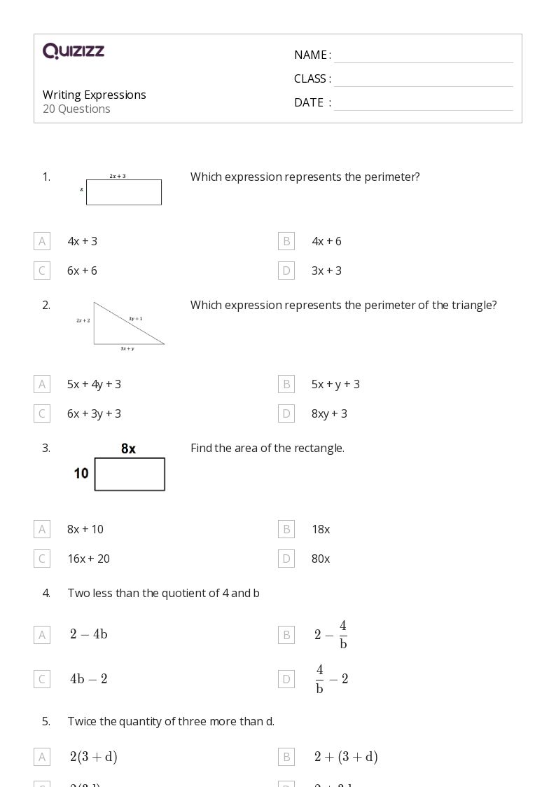 50+ Writing Expressions worksheets for 8th Grade on Quizizz Free & Printable