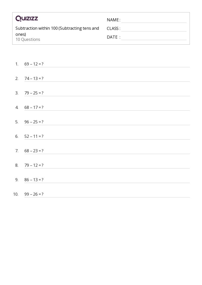 50+ Subtraction Within 100 worksheets for 1st Grade on Quizizz Free & Printable