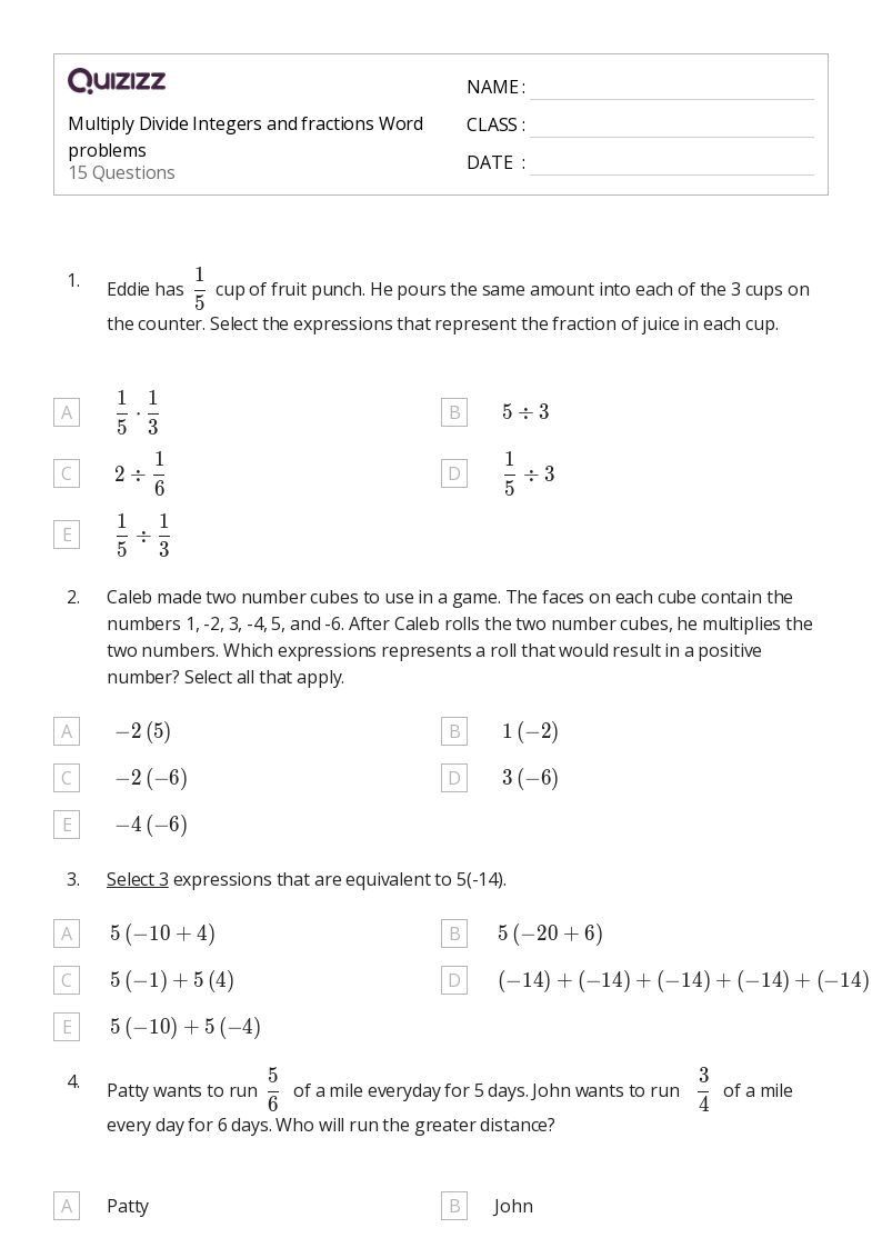 50+ Fraction Word Problems worksheets for 7th Grade on Quizizz Free & Printable