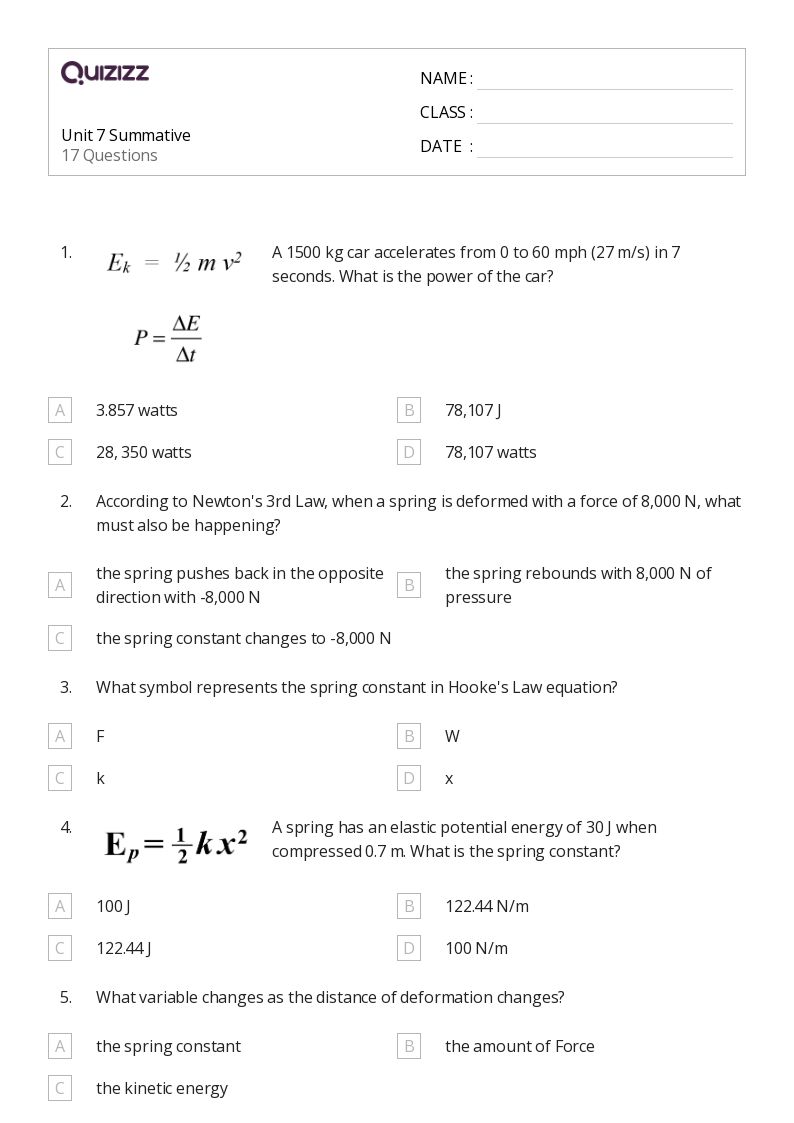 50+ spring potential energy and hookes law worksheets for 12th Grade on Quizizz Free & Printable