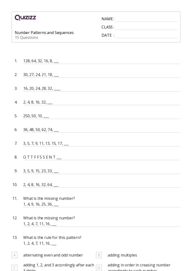 50+ Number Patterns worksheets for 5th Grade on Quizizz Free & Printable