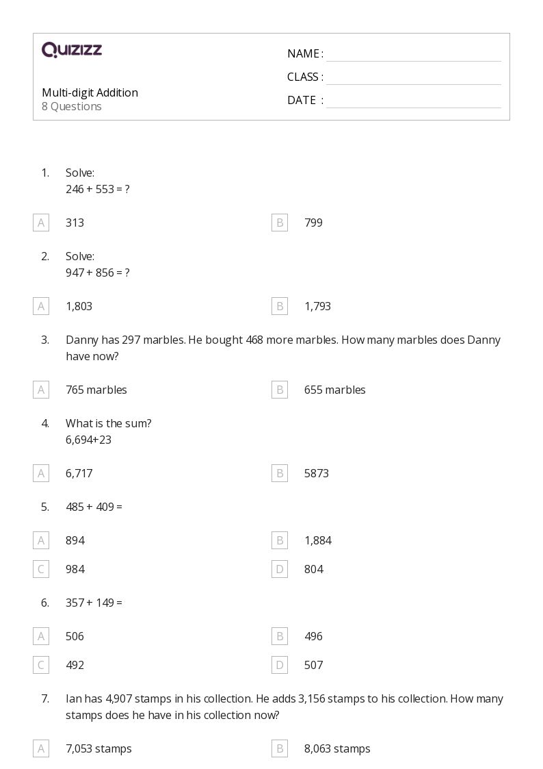 50+ MultiDigit Addition worksheets for 5th Class on Quizizz Free & Printable