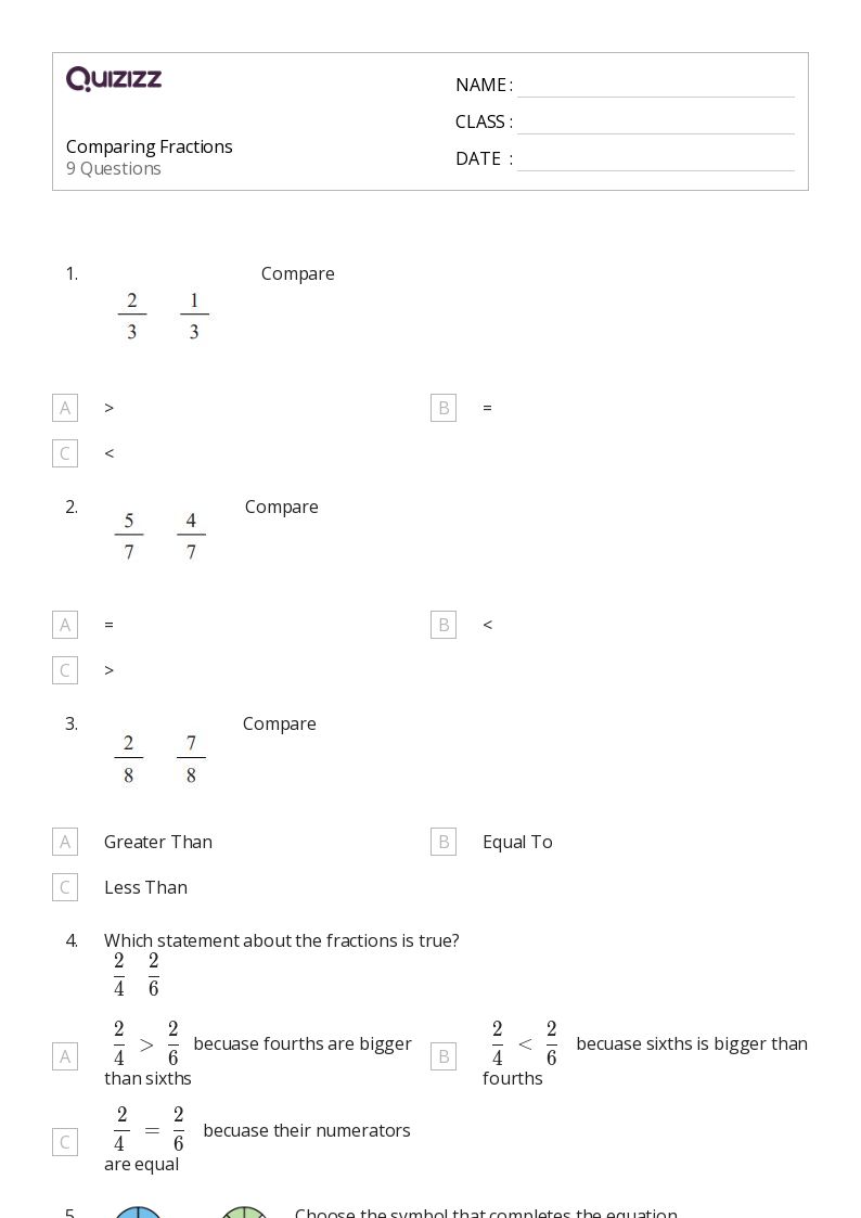 50+ Comparing Fractions worksheets for 4th Class on Quizizz Free & Printable