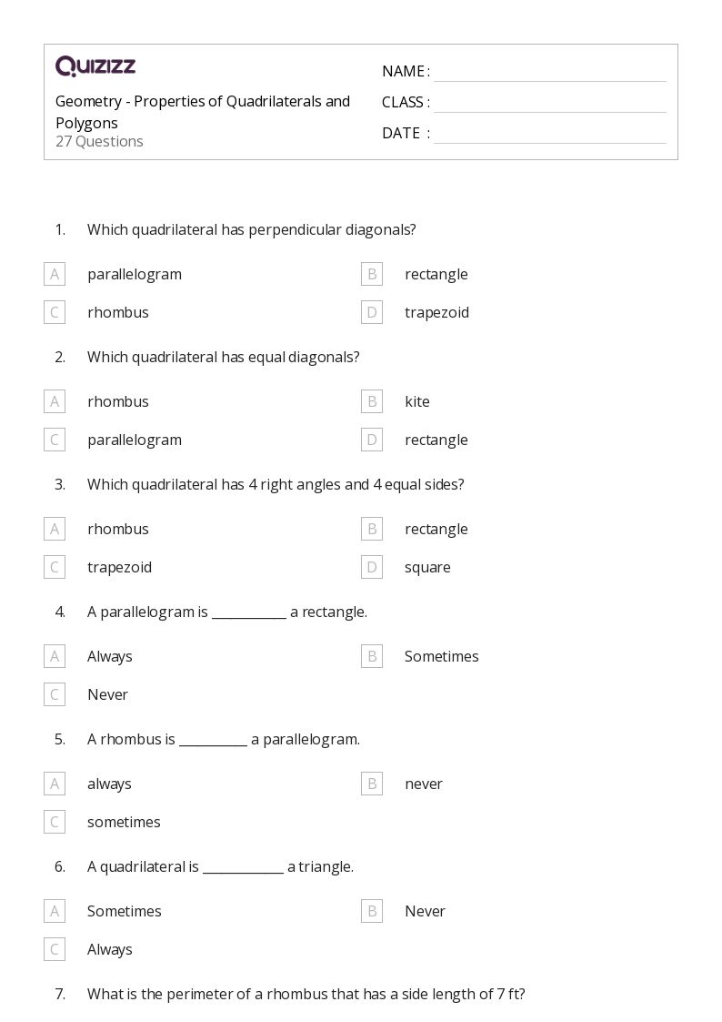 50+ properties of quadrilaterals worksheets for 12th Grade on Quizizz Free & Printable