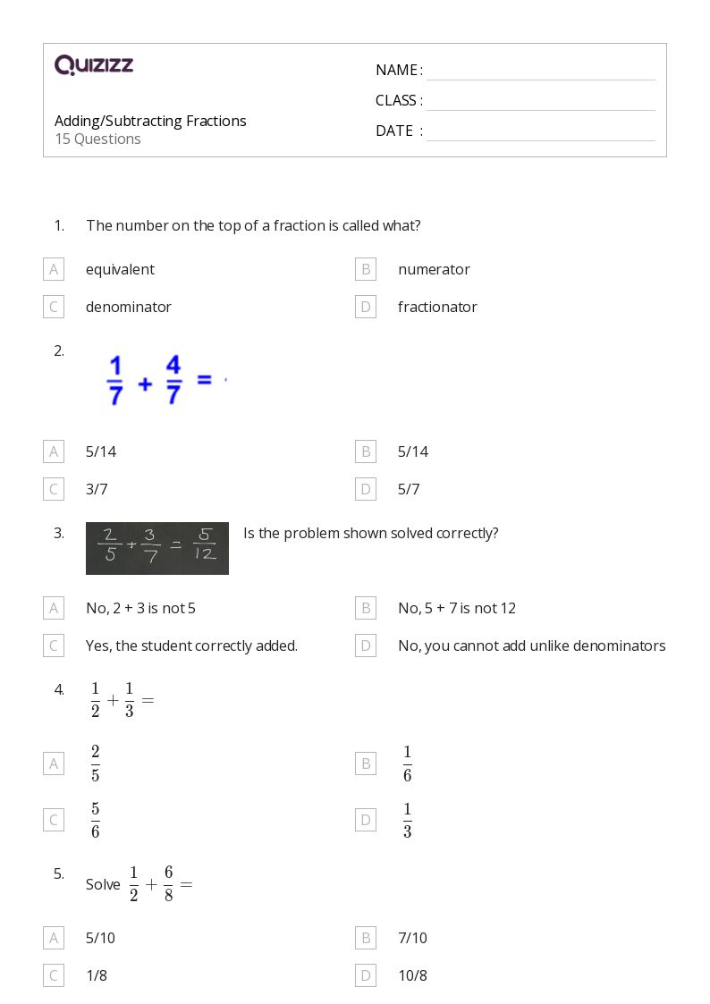 50+ Adding Fractions with Unlike Denominators worksheets for 8th Grade on Quizizz Free & Printable