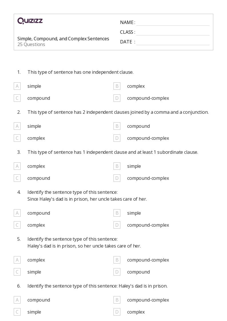 50+ Simple, Compound, and Complex Sentences worksheets for 6th Grade on Quizizz Free & Printable