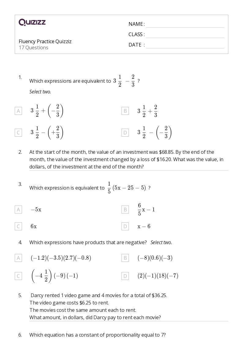 Printable Reading Fluency Worksheets for Grade 7 Quizizz