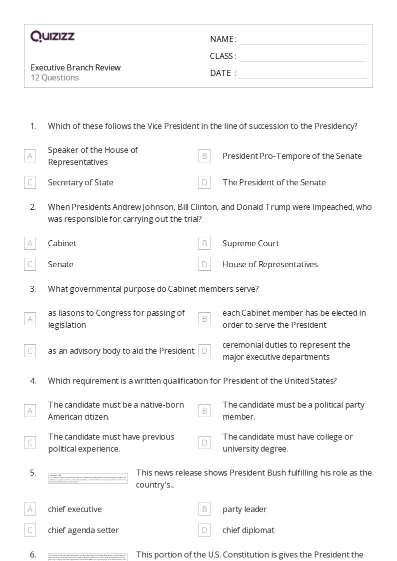 50+ the executive branch worksheets for 7th Year on Quizizz Free & Printable