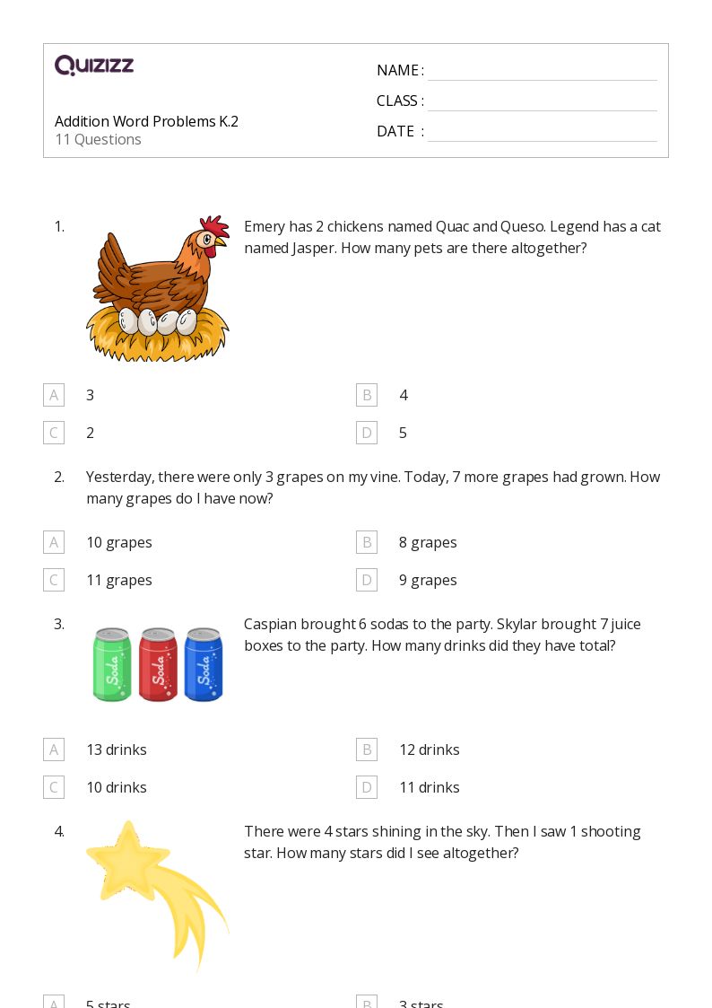 50+ Addition Word Problems worksheets for Kindergarten on Quizizz