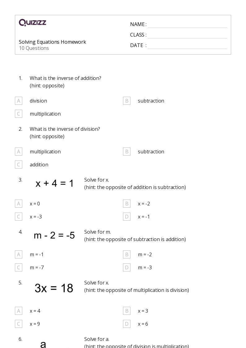 50+ Solving Equations worksheets for 6th Grade on Quizizz Free & Printable