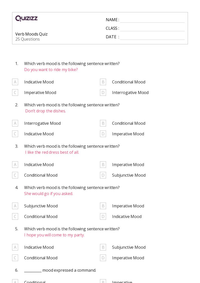 50+ Verb Moods worksheets for 8th Grade on Quizizz | Free & Printable