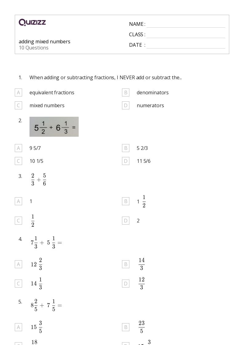50+ Adding Mixed Numbers worksheets for 6th Class on Quizizz Free