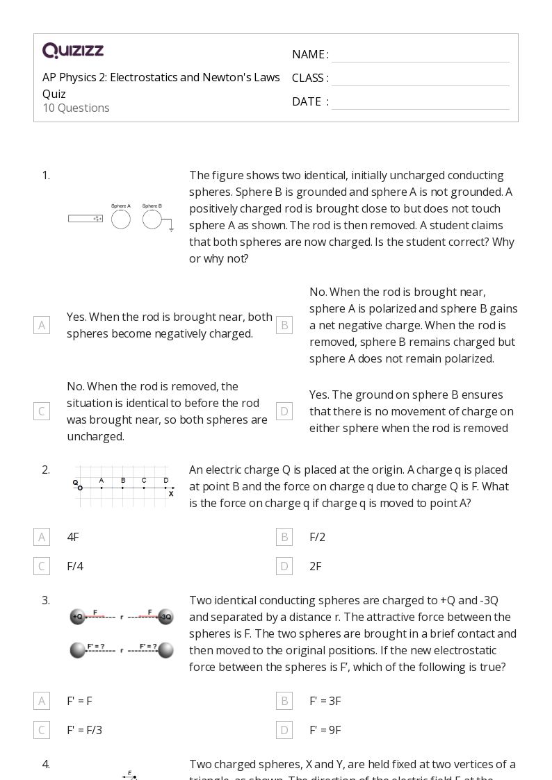 50+ electric charge field and potential worksheets for 11th Grade on